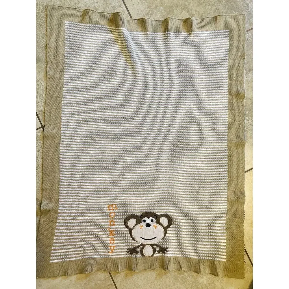 Monkey Sweater Knit Baby Blanket White Tan Beige Brown Toys ‘R’ Us Geoffrey LLC